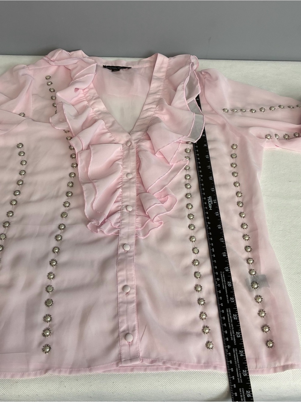 Boston Proper Parisian Pearl Embellished Ruffle Blouse/Cami Pink Sheer Sz L Flaw - Picture 9 of 16